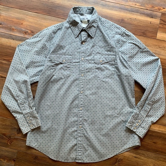 Men's Wrangler Wrancher Pearl Snap Size L Grey With Blue Diamonds - Picture 2 of 15